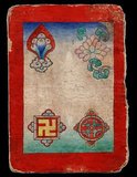 Displaying various auspicious symbols and including a Svastika or Swastika which means 'auspicious' in the Sanskrit language. It is called <i>yungdrung</i> in the ancient Zhangzhung language of Western Tibet and means 'everlasting'.<br/><br/>

The left turning Svastika is the principal religious symbol of the Yungdrung Bön tradition.