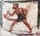 In Greek mythology, Priapus was a minor rustic fertility god, protector of livestock, fruit plants, gardens and male genitalia. Priapus is marked by his oversized, permanent erection, which gave rise to the medical term priapism.<br/><br/>

He became a popular figure in Roman erotic art and Latin literature, and is the subject of the often humorously obscene collection of verse called the Priapeia.<br/><br/>

In this fresco the 'Priapus with Caduceus' or 'Priapus-Mercury' is a male figure with the beard and giant erect phallus of Priapus walking away with the caduceus and winged sandals of Mercury (apparently the humour was to see Priapus thieving from the god of thieves, but both are gods of fertility and abundance). Museo Archeologico Nazionale, Naples, Italia.