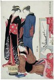 Torii Kiyonaga (鳥居 清長, 1752 - June 28, 1815) was a Japanese ukiyo-e printmaker and painter of the Torii school. Originally Sekiguchi Shinsuke, the son of an Edo bookseller, he took on Torii Kiyonaga as an art-name (gō). Although not biologically related to the Torii family, he became head of the group after the death of his adoptive father and teacher Torii Kiyomitsu.<br/><br/>

The master Kiyomitsu died in 1785; since his son died young, and Kiyotsune, Kiyonaga's senior, was a less promising artist, Kiyonaga was the obvious choice to succeed Kiyomitsu to leadership of the Torii school. However, he delayed this for two years, likely devoting time to his bijinga (portraits of beautiful women) and realizing the immense responsibility that would fall on his shoulders once he took over the school. Thus, in 1787, he began organizing the production of kabuki signboards and the like, which the school held a near monopoly on. He also began to train Kiyomitsu's grandson, Torii Kiyomine, who was to succeed him.<br/><br/>

Kiyonaga is considered one of the great masters of the full-color print (nishiki-e) and of bijinga, images of courtesans and other beautiful women. Like most ukiyo-e artists, however, he also produced a number of prints and paintings depicting Kabuki actors and related subjects, many of them promotional materials for the theaters. He also produced a number of shunga, or erotic images.