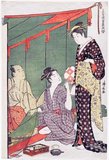 Torii Kiyonaga (鳥居 清長, 1752 - June 28, 1815) was a Japanese ukiyo-e printmaker and painter of the Torii school. Originally Sekiguchi Shinsuke, the son of an Edo bookseller, he took on Torii Kiyonaga as an art-name (gō). Although not biologically related to the Torii family, he became head of the group after the death of his adoptive father and teacher Torii Kiyomitsu.<br/><br/>

The master Kiyomitsu died in 1785; since his son died young, and Kiyotsune, Kiyonaga's senior, was a less promising artist, Kiyonaga was the obvious choice to succeed Kiyomitsu to leadership of the Torii school. However, he delayed this for two years, likely devoting time to his bijinga (portraits of beautiful women) and realizing the immense responsibility that would fall on his shoulders once he took over the school. Thus, in 1787, he began organizing the production of kabuki signboards and the like, which the school held a near monopoly on. He also began to train Kiyomitsu's grandson, Torii Kiyomine, who was to succeed him.<br/><br/>

Kiyonaga is considered one of the great masters of the full-color print (nishiki-e) and of bijinga, images of courtesans and other beautiful women. Like most ukiyo-e artists, however, he also produced a number of prints and paintings depicting Kabuki actors and related subjects, many of them promotional materials for the theaters. He also produced a number of shunga, or erotic images.