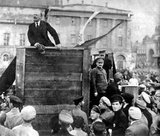 Lenin speaking at an assemble of Red Army troops bound for the Polish front. Photograph taken in Sverdlov Square, Moscow, on 5 May 1920.<br/><br/>

This is the original image with Trotsky and Kamenev standing on the steps of the platform; later versions produced under Stalin's administration had them removed.