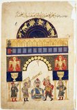 A painting on paper in color and gold leaf from al-Jazari's <i>Kitab fi marifat al-hiyal al-handasiyya</i> (The Book of Knowledge of Ingenious Mechanical Devices).<br/><br/>

Abū al-'Iz Ibn Ismā'īl ibn al-Razāz al-Jazarī (1136–1206) was a polymath: a scholar, inventor, mechanical engineer, craftsman, artist, mathematician and astronomer from Al-Jazira, Mesopotamia, who worked in service of the Artuqid dynasty in Diyarbakır, Asia Minor. He is best known for writing the <i>Kitáb fí ma'rifat al-hiyal al-handasiyya</i> (Book of Knowledge of Ingenious Mechanical Devices) in 1206, where he described fifty mechanical devices along with instructions on how to construct them.