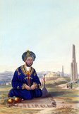 When the British captured Ghazni in July 1839, one of the most important consequences was the capture of its governor, Ghulam Haider Khan, the fourth son of Dost Mohammed. Fearing for his life, Ghulam tried to escape from the city, but was intercepted and eventually received and pardoned by the incumbent Emir, Shah Shuja.<br/><br/>

When Dost Mohammed regained his position in Afghanistan, Ghulam became prime minister of Kabul, succeeding his brother Akbar. In so doing, Ghulam became Dost Mohammed's most likely successor and thus upset his two older brothers who felt they had been sidelined. According to Rattray, he was a large, good-looking and very stout young man who resembled his father. This portrait is a copy of a picture owned by Dowager Lady Keane, rather than a study from life.
