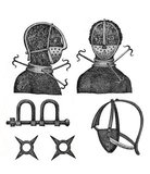 This engraving shows 'the front and profile view of a slave's head, with the mouth-piece and necklace, the hooks round which are placed to prevent an escapee when pursued in the woods, and to hinder them from laying down the head to procure rest'.

'At A [see letter over mouth of figure on the right] is a flat iron which goes into the mouth, and so effectually keeps down the tongue, that nothing can be swallowed, not even the saliva, a passage for which is made through holes in the mouth-plate'. 

On the lower right is an enlarged view of this mouth piece which 'when long worn, becomes so heated as frequently to bring off the skin along with it'. The lower left shows leg shackles used on the slave ships; also, 'spurs used on some plantations in Antigua' (placed on the legs to prevent slaves from absconding).