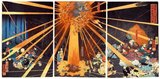 This triptych  features the ghost of the warrior Akugenta Yoshihira (1141–1160 CE) taking revenge on his murderer Nanba Jirō, a tale based on the Tale of Heiji.<br/><br/>

The dramatic story is illustrated over three prints. Akugenta causes lightning to strike his murderer Nanba at the center of the composition, and also shoots flames at his enemy Taira no Kiyomori, who confronts Akugenta on the right.<br/><br/>

Utagawa Yoshifusa, a pupil of Utagawa Kuniyoshi and a colleague of Tsukioka Yoshitoshi, continued the Utagawa school's dramatic  presentations of warrior stories.