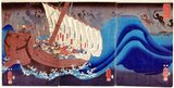 Utagawa Kuniyoshi (January 1, 1798 - April 14, 1861) was one of the last great masters of the Japanese ukiyo-e style of woodblock prints and painting. He is associated with the Utagawa school.<br/><br/>

The range of Kuniyoshi's preferred subjects included many genres: landscapes, beautiful women, Kabuki actors, cats, and mythical animals. He is known for depictions of the battles of samurai and legendary heroes. His artwork was affected by Western influences in landscape painting and caricature.<br/><br/>

Minamoto no Yoshitsune (1159-1189) was a general of the Minamoto clan of Japan in the late Heian and early Kamakura period. Yoshitsune was the ninth son of Minamoto no Yoshitomo, and the third and final son and child that Yoshitomo would father with Tokiwa Gozen. Yoshitsune's older brother Minamoto no Yoritomo (the third son of Yoshitomo) founded the Kamakura shogunate. He is considered one of the greatest and the most popular warriors of his era, and one of the most famous samurai fighters in the history of Japan.