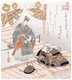 Japan: The samurai Okura Ubain Yorifusa kneels at the feet of Shogun Minamoto no Yoritomo (1147-1199), with one poem. Yashima Gakutei (1786-1868), c. 1820-1825