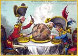William Pitt, wearing a regimental uniform and hat, sitting at a table with Napoleon. They are each carving a large plum pudding on which is a map of the world. Pitt's slice is considerably larger than Napoleon's.<br/><br/>

The new Emperor, and his opponent the English Minister, are helping themselves—one taking the land, the other the sea. On the overtures made by the new Emperor for a reconciliation with England in the January of 1805.