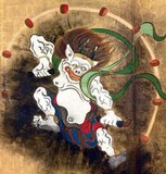 Raijin is a god of lightning, thunder and storms in the Shinto religion and in Japanese mythology. He is typically depicted as a demonic spirit beating drums to create thunder, usually with a <i>tomoe</i> symbol drawn on the drums.<br/><br/>

In Japanese art, the deity is often depicted together with the wind god Fujin.<br/><br/>

Ogata Kōrin (1658 – June 2, 1716) was a Japanese painter of the Rinpa school. He was born in Kyoto, to a wealthy merchant who had a taste for the arts. Korin also studied under Soken Yamamoto, the Kano school, Tsunenobu and Gukei Sumiyoshi, and was greatly influenced by his predecessors Hon'ami Kōetsu and Tawaraya Sotatsu.<br/><br/>

'Wind God and Thunder God' by Ogata Korin is a replica of Tawaraya Sotatsu's four panel folding  screen of the same title ('Fujin Raijin Zu), Kyoto, early 17th century.