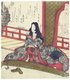 Japan: Lady Ginjo, the mistress of the warlord Taira no Kiyomori (1118-1181), about to play a koto. From the 'Tale of Heike' (Heike Monogatari). Yashima Gakutei (1786-1868), c. 1824