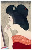 Torii Kotondo is known to have made only 21 prints - all of them images of bijin or beautiful women. They belong to the finest works of art of the Shin Hanga movement.<br/><br/>

Shin hanga ('new prints') was an art movement in early 20th-century Japan, during the Taisho and Showa periods, that revitalized traditional ukiyo-e art rooted in the Edo and Meiji periods (17th–19th century).<br/><br/>

The movement flourished from around 1915 to 1942, though it resumed briefly from 1946 through the 1950s. Inspired by European Impressionism, the artists incorporated Western elements such as the effects of light and the expression of individual moods, but focused on strictly traditional themes of landscapes (fukeiga), famous places (meisho), beautiful women (bijinga), kabuki actors (yakusha-e), and birds and flowers (kachoga).