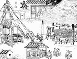 Around 2000 years ago, Chinese in Sichuan province originated deep drilling. The primary motive for deep drilling in China was the search for salt. Even as recently as 1965, 16.5% of China’s salt supplies came from brine pumped out of deep boreholes, making this source of supply second only to sea salt.<br/><br/>

The ancient percussive cable drilling system was called 'churn'. The derrick had a height of 11m and all parts of the rig were made from wood (mainly bamboo). A large wooden drum, 5m in diameter, was used to raise and lower the drill. A rocking movement of the balancing beam created the percussive impulses on the bit, which sometimes weighed as much as 140kg. By alternately lifting this tool and letting it fall, the Chinese could achieved a well depth of 600m.<br/><br/>

The deep drilling for brine yielded natural gas (primarily methane) from time to time. The boreholes producing methane were known to the Chinese as 'fire wells', thus drilling for natural gas followed and was developed at the same time.<br/><br/>

Bamboo tubes were used as pipelines, carrying both brine and natural gas for many miles, sometimes passing under roads and sometimes going overhead on trestles. Among other uses, natural gas was used to heat evaporation pans of brine to make salt.