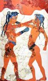 Young Boxers Fresco, Akrotiri. This fresco depicts two boys wearing a belt and boxing gloves - the first documented use of gloves in boxing. Their heads are shaved, except for two long locks on the back, and two shorter locks on the forehead. Their dark skin indicates their gender.<br/><br/>

The boy at left is more reserved, and wears jewelry (bracelets, necklace) which indicates high social status. Fresco by the same artist as that of the Antelopes Fresco. Akrotiri Room B1, building B.