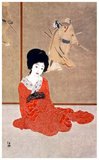 Kitano Tsunetomi was a well known bijin-ga printmaker and painter. His woodblock prints have a painterly quality, and look very similar to the scroll paintings on which they were based. In 1880, he was born in Kanazawa with the name Tomitaro. As a young man, Tsunetomi worked as an apprentice to a woodblock carver after which he became a print carver for the newspaper Hokkoku Shinpo. He later moved to Osaka to study nihon-ga style painting under Inano Toshitsune, a student of Yoshitoshi. In 1901, he began working as an illustrator for the newspaper Osaka Shinbun.<br/><br/>

Beginning in 1910, Tsunetomi began to exhibit paintings in the Bunten shows, and he won a prize in the 5th Bunten (1911) for his bijin-ga painting 'Rain during Sunshine'. He published a folio of four prints in 1918 titled 'Spring and Autumn in the Licensed Quarter' (Kuruwa no shunju). These designs were self-carved and printed. In 1924, Tsunetomi founded an art school and publishing house called Hakuyodo.