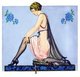 USA: Kneeling woman in slip, black lace cape, and black high-heeled shoes adjusts her stocking. Advertising poster for Holeproof Hosiery Company, Clarence Coles Phillips (1880-1927), 1922