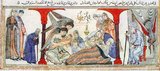 Birth of the Prophet Muhammad. Miniature illustration on vellum from the book Jami' at-Tawarikh (literally 'Compendium of Chronicles' but often referred to as 'The Universal History or History of the World'), by Rashid al-Din, Tabriz, Persia, 1307 CE, now in the collection of the Edinburgh University Library, Scotland.<br/><br/>

Representations of the Prophet Muhammad are controversial, and generally forbidden in Sunni Islam (especially Hanafiyya, Wahabi, Salafiyya). Shia Islam and some other branches of Sunni Islam (Hanbali, Maliki, Shafi'i) are generally more tolerant of such representational images, but even so the Prophet's features are generally veiled or concealed by flames as a mark of deep respect.