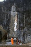 The remote ancient Buddhist site of Buduruvagala (which means ‘stone Buddha images’ in Sinhalese) is thought to date from the 10th century, when Mahayana Buddhism dominated parts of Sri Lanka. Carved into the rock face is a huge 16m-high Buddha figure, with three smaller figures on either side. These are thought to represent the Maitreya Buddha, Avalokitesvara and his consort Tara, as well as the Hindu god Vishnu.