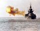 Japan / USA: The USS Idaho, a New Mexico-class battleship, shelling Okinawa on 1 April 1945