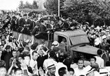 Chinese residents of the city of Harbin welcome Soviet sailors of the Amur Military Flotilla, 1st Brigade following the Manchurian Strategic Offensive Operation.<br/><br/> 

The campaign began on 9 August 1945, with the Soviet and Mongolian invasion of the Japanese puppet state of Manchukuo in northeastern China and was the largest campaign of the 1945 Soviet-Japanese War, which resumed hostilities between the Soviet Union and the Empire of Japan after almost six years of peace.<br/><br/> 

The rapid defeat of Japan’s Kwantung Army has been argued to be a significant factor in the Japanese surrender and the end of World War II, as Japan realized the Soviets were willing and able to take the cost of invasion of its Japanese Home Islands, after their rapid conquest of Manchuria and southern Sakhalin. Harbin, Heilongjiang, Republic of China. August 1945.