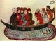 Iraq: A group of Arab men travelling in a boat. A miniature from the 'Maqam' or 'Assembly' illustrated by Yahya ibn Mahmud al-Wasiti, 1237 CE