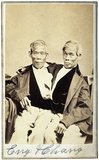 Chang and Eng Bunker (May 11, 1811 – January 17, 1874) were Thai-American conjoined twin brothers whose condition and birthplace became the basis for the term 'Siamese twins'.<br/><br/>

The Bunker brothers were born on May 11, 1811, in the province of Samutsongkram, near Bangkok, in the Kingdom of Siam (today's Thailand). Their fisherman father was a Chinese Thai, while their mother was a Chinese Malaysian. Because of their Chinese heritage, they were known locally as the 'Chinese Twins'. The brothers were joined at the sternum by a small piece of cartilage, and though their livers were fused, they were independently complete.<br/><br/>

In 1829, Robert Hunter, a Scottish merchant who lived in Bangkok, saw the twins swimming and realized their potential. He paid their parents to permit him to exhibit their sons as a curiosity on a world tour. When their contract with Hunter was over, Chang and Eng went into business for themselves. In 1839, while visiting Wilkesboro, North Carolina, the brothers were attracted to the area and purchased a 110-acre (0.45 km2) farm in nearby Traphill.<br/><br/>

Determined to live as normal a life they could, Chang and Eng settled on their small plantation and bought slaves to do the work they could not do themselves. Using their adopted name 'Bunker', they married local women on April 13, 1843. Chang wed Adelaide Yates, while Eng married her sister, Sarah Anne. Chang and Adelaide would become the parents of eleven children. Eng and Sarah had ten. The twins also became naturalized American citizens.<br/><br/>

On January 17, 1874, Chang died while the brothers were asleep. Eng awoke to find his brother dead and cried, 'Then I am going'. A doctor was summoned to perform an emergency separation, but he was too late. Eng died approximately three hours later.