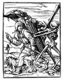 This is one of a celebrated series of small woodcuts that Holbein designed on the theme of Death. In the words of Christian Rümelin: 'Death is depicted in several guises in these illustrations, ranging from the murderous agent (of the monk, merchant, chandler, rich man, knight, earl and nobleman) to the warning commentator (of the pope, emperor, cardinal, judge, alderman, lawyer, and preacher)'.<br/><br/>

Members of society are mostly portrayed in a situation designed to criticise a specific type of behaviour 'such as the corruption of the judge, the vanity of the canon, the acquisitiveness of the rich man and the merchant'. The series adapts the tradition of the medieval Danse Macabre (Dance of Death) as the basis for a new and original sequence. It also relates to the imagery of French illuminated Books of Hours and poetical traditions. 'The scenes are the customary illustrations in which Death appears in the form of a skeleton'.
