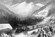 USA:  Chinese workers greet a train on a snowy day on the Central Pacific Railroad in the Sierra Nevada Mountains. From a sketch by Joesph Becker, 6 February 1870