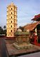 India: The <i>tulasi chaura</i> or Holy Basil podium in front of the lamp tower (Deep Stambha) at the Shri Mangesh (Mangueshi) Temple, near Ponda, Goa