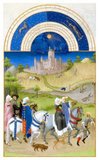 The <i>Tres Riches Heures du Duc de Berry</i> is the most famous and possibly the best surviving example of French Gothic manuscript illumination, showing the late International Gothic phase of the style. It is a book of hours: a collection of prayers to be said at the canonical hours.<br/><br/>

It was created between c. 1412 and 1416 for the extravagant royal bibliophile and patron John, Duke of Berry, by the Limbourg brothers. When the three painters and their sponsor died in 1416, possibly victims of plague, the manuscript was left unfinished. It was further embellished in the 1440s by an anonymous painter, who many art historians believe was Barthelemy d'Eyck. In 1485-1489, it was brought to its present state by the painter Jean Colombe on behalf of the Duke of Savoy.<br/><br/>

Acquired by the Duc d'Aumale in 1856, the book is now in the Musee Conde, Chantilly, France.
