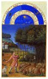 The <i>Tres Riches Heures du Duc de Berry</i> is the most famous and possibly the best surviving example of French Gothic manuscript illumination, showing the late International Gothic phase of the style. It is a book of hours: a collection of prayers to be said at the canonical hours.<br/><br/>

It was created between c. 1412 and 1416 for the extravagant royal bibliophile and patron John, Duke of Berry, by the Limbourg brothers. When the three painters and their sponsor died in 1416, possibly victims of plague, the manuscript was left unfinished. It was further embellished in the 1440s by an anonymous painter, who many art historians believe was Barthelemy d'Eyck. In 1485-1489, it was brought to its present state by the painter Jean Colombe on behalf of the Duke of Savoy.<br/><br/>

Acquired by the Duc d'Aumale in 1856, the book is now in the Musee Conde, Chantilly, France.