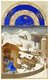 France: A snowy farmyard, February in the calendar section of the <i>Tres Riches Heures du Duc de Berry</i>, tempera on vellum, Limbourg Brothers, c. 1415 CE