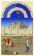 France: Sowing winter grain by the Louvre Palace, October in the calendar section of the <i>Tres Riches Heures du Duc de Berry</i>, tempera on vellum, Limbourg Brothers, c. 1415 CE