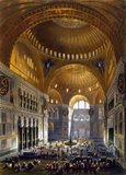 An interior view of the Hagia Sophia in 1852, when it was known as the Ayasofya Mosque. The building was originally constructed as a main Eastern Orthodox church and served in this role from 537 CE until the fall of Constantinople in 1453 (except between 1204 and 1261 when it was converted by the Fourth Crusaders to a Roman Catholic cathedral).<br/><br/>

When the Ottoman Turks under Mehmed II conquered Constantinople, the Hagia Sophia was converted into a mosque and Christian relics and art were either removed or plastered over. It remained a mosque for almost 500 years, before being converted into a museum between 1931 and 1935.<br/><br/>

Famous in particular for its massive dome, it is considered the epitome of Byzantine architecture and influenced the design of numerous mosques in what is now Istanbul.