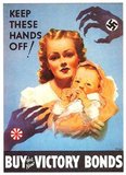 Clawed hands bearing the Nazi Swastika symbol and the Imperial Japanese Rising Sun menace an American woman and child.