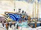 UK: HMT Olympic in dazzle camouflage at Pier 2 in Halifax, Nova Scotia. Oil on canvas, Arthur Lismer (1885-1969), 1 January 1919