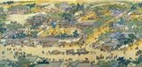 'Along the River During the Qingming Festival' is a painting by the Song dynasty artist Zhang Zeduan (1085–1145). It captures the daily life of people and the landscape of the Northern Song capital, Bianjing, today's Kaifeng. The theme is said to celebrate the festive spirit and worldly commotion at the Qingming Festival, rather than the holiday's ceremonial aspects, such as tomb sweeping and prayers.<br/><br/>

Successive scenes reveal the lifestyle of all levels of the society from rich to poor as well as different economic activities in rural areas and the city, and offer glimpses of period clothing and architecture. The scroll is 25.5 centimetres (10.0 inches) in height and 5.25 meters (5.74 yards) long. In its length there are 814 humans (of whom only 20 are women), 28 boats, 60 animals, 30 buildings, 20 vehicles, 8 sedan chairs, and 170 trees. The countryside and the densely populated city are the two main sections in the picture, with the river meandering through the entire length.<br/><br/>

The original painting is the most celebrated work of art from the Song dynasty. Due to this high artistic reputation, it has inspired several works of art that revived and updated the style of the original. The version presented here was made by five Qing dynasty court painters (Chen Mu, Sun Hu, Jin Kun, Dai Hong and Cheng Zhidao) and presented to the Qianlong Emperor on January 15, 1737.<br/><br/>

There are many more people, over 4,000, in the Qing remake, which also is much larger (at 11 metres by 35 cm, or 37 ft by 1 ft). The full scroll should be viewed from right to left.