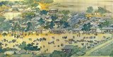 'Along the River During the Qingming Festival' is a painting by the Song dynasty artist Zhang Zeduan (1085–1145). It captures the daily life of people and the landscape of the Northern Song capital, Bianjing, today's Kaifeng. The theme is said to celebrate the festive spirit and worldly commotion at the Qingming Festival, rather than the holiday's ceremonial aspects, such as tomb sweeping and prayers.<br/><br/>

Successive scenes reveal the lifestyle of all levels of the society from rich to poor as well as different economic activities in rural areas and the city, and offer glimpses of period clothing and architecture. The scroll is 25.5 centimetres (10.0 inches) in height and 5.25 meters (5.74 yards) long. In its length there are 814 humans (of whom only 20 are women), 28 boats, 60 animals, 30 buildings, 20 vehicles, 8 sedan chairs, and 170 trees. The countryside and the densely populated city are the two main sections in the picture, with the river meandering through the entire length.<br/><br/>

The original painting is the most celebrated work of art from the Song dynasty. Due to this high artistic reputation, it has inspired several works of art that revived and updated the style of the original. The version presented here was made by five Qing dynasty court painters (Chen Mu, Sun Hu, Jin Kun, Dai Hong and Cheng Zhidao) and presented to the Qianlong Emperor on January 15, 1737.<br/><br/>

There are many more people, over 4,000, in the Qing remake, which also is much larger (at 11 metres by 35 cm, or 37 ft by 1 ft). The full scroll should be viewed from right to left.