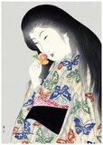Yamamoto Shoun (December 30, 1870 - May 10, 1965), who was also known as Matsutani Shoun, was a Japanese print designer, painter, and illustrator. He was born in Kochi into a family of retainers of the Shogun and was given the name Mosaburo. As a teenager, he studied Kano school painting with Yanagimoto Doso and Kawada Shoryu. At about age 17, he moved to Tokyo, where he studied Nanga painting with Taki Katei. At 20 years of age, he was employed as an illustrator for Fugoku Gaho, a pictorial magazine dealing with the sights in and around Tokyo. In his latter career, Shoun primarily produced paintings. He died in 1965, at the age of 96.<br/><br/>

In addition to his magazine illustrations, Shoun is best known for his woodblock prints of <i>bijin</i>
 or 'beautiful women', especially <i>imasugata</i>
a kind of precursor to the 'moderngirls / moga' movement of the 1920s and 1930s. Shoun is considered a bridge between the ukiyo-e and shin hanga schools. His career spans the Meiji (1868-1912), Taisho (1912-1926) and Showa (1926-1989) periods.
