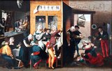 The English 'brothel' comes from the French bordel or 'place of prostitution'.<br/><br/>

Jan Sanders van Hemessen (c. 1500 – c. 1566) was a leading artist of the second generation of Dutch and Flemish Renaissance painting, belonging to the group of Italianizing Flemish painters called the Romanists, who were influenced by Italian Renaissance painting. Unlike some of these Hemessen had visited Italy at least once, and also Fontainebleau, where there was at the time a colony of Italian artists, the First School of Fontainebleau, working on the palace there.
