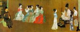 'The Night Revels of Han Xizai' is a painted scroll depicting Han Xizai, a minister of the Southern Tang Emperor Li Yu (937-978). This narrative painting is split into five distinct sections: Han Xizai listens to the pipa, watches dancers, takes a rest, listens to music, and then sees guests off.<br/><br/>

The original, painted by Gu Hongzhong (937-975), is lost, but a 12th century copy, housed in the Palace Museum in Beijing, survives (reproduced here).<br/><br/>

The full scroll should be viewed from right to left.