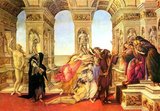 In the <i>Calumny of Apelles</i>, Botticelli drew on the description of a painting by Apelles, a Greek painter of the Hellenistic Period. Though Apelles' works have not survived, Lucian recorded details of one in his On Calumny:<br/><br/>

 'On the right of it sits Midas with very large ears, extending his hand to Slander while she is still at some distance from him. Near him, on one side, stand two women—Ignorance and Suspicion. On the other side, Slander is coming up, a woman beautiful beyond measure, but full of malignant passion and excitement, evincing as she does fury and wrath by carrying in her left hand a blazing torch and with the other dragging by the hair a young man who stretches out his hands to heaven and calls the gods to witness his innocence.<br/><br/>

She is conducted by a pale ugly man who has piercing eye and looks as if he had wasted away in long illness; he represents envy. There are two women in attendance to Slander, one is Fraud and the other Conspiracy. They are followed by a woman dressed in deep mourning, with black clothes all in tatters—she is Repentance. At all events, she is turning back with tears in her eyes and casting a stealthy glance, full of shame, at Truth, who is slowly approaching'.