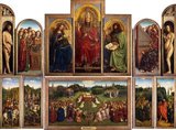 The Ghent Altarpiece (also called the Adoration of the Mystic Lamb or The Lamb of God, Dutch: Het Lam Gods) is a very large and complex 15th-century Early Flemish polyptych panel painting.<br/><br/>

Commissioned and designed as an altarpiece, it comprises 12 panels, eight of which are hinged shutters painted on each side, giving two distinct views depending on whether they are open or closed. Except for Sundays and festive holidays, the outer wings were closed and covered with cloth.<br/><br/>

It was begun by Hubert van Eyck who was most likely responsible for the overall design, but died in 1426. Probably, the individual panels were executed by his younger and better known brother Jan van Eyck between 1430 and 1432.<br/><br/>

In 1945, the altarpiece was returned from Germany after spending much of World War II hidden in an Austrian salt mine, which greatly damaged the paint and varnish.