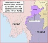 'Saharat Thai Doem' or 'The Federated Original Thai (States)' was a territory in Burma's eastern Shan State and eastern Karenni state approximating to territories ceded under pressure by Siam to the British in 1893 and considered 'lost territories' by subsequent Siamese and Thai governments.<br/><br/>

In 1942 the Imperial Japanese Army accompanied by the Thai Phayap Army invaded Burma's Federated Shan States from Thailand. Following the Japanese-Thai victory, on 18 August 1943 the Japanese government agreed to the Thai annexation of all of Kengtung State and part of Mongpan State. The Thai authorities remained in possession of these occupied territories until the defeat of Japan in August, 1945, when the Thai Phayap Army withdrew back to Thailand.