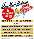US Navy Bureau of Medicine and Surgery propaganda and health poster from 1944-45, promoting an anti-malarial campaign with the aid of a mosquito with 'Japanese' features and Imperial Japanese Navy wings.