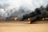USAF photograph of  Kuwaiti oil fires, set by the retreating Iraqi army during Operation Desert Storm in 1991.<br/><br/>

The Persian Gulf War (August 2, 1990 – February 28, 1991), commonly referred to as simply the Gulf War, was a war waged by a U.N.-authorized coalition force from thirty-four nations led by the United States, against Iraq in response to Iraq's invasion and annexation of the State of Kuwait.<br/><br/>

This war is commonly known as Operation Desert Storm, the First Gulf War, Gulf War I, or the Iraq War.