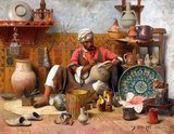 Jean Discart was born in the Italian city of Modena in 1856 and enrolled in a history of painting course at the Vienna Academy of Fine Arts at the age of seventeen.<br/><br/>

Discart first exhibited in the Paris Salon in 1884 and painted Orientalist subjects through to the 1920s, rendering work exquisite in their detail, richness and understanding of light and texture. Discart's compositions incorporated the heavy use of artifacts such as metal ware, pottery, textiles and instruments, set against elaborate backdrops of sculpted stone, painted tiles or carved woodwork.
