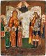 Russia: Orthodox Christian icon showing St Christopher with a dog's head with the martyr Sophia and her three daughters Faith, Hope and Love. The two border saints are Catherine and Martha.  Christ blesses from the clouds above. c. 17th - 18th century