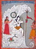India: 'Shiva Bearing the Descent of the Ganges River'. Watercolour folio from a Hindi manuscript by the saint Narayan, c. 1740.

Shiva bearing the descent of the Ganges River as Parvati and Bhagiratha and the bull Nandi look on.

Told and retold in the Ramayana, the Mahabharata and several Puranas, the story begins with a sage, Kapila, whose intense meditation has been disturbed by the sixty thousand sons of King Sagara. Livid at being disturbed, Kapila sears them with his angry gaze, reduces them to ashes, and dispatches them to the netherworld.