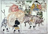Shuten-doji or Shutendoji is a mythical <i>oni</i> or <i>yokai</i> (demon, devil, ogre, troll).<br/><br/>

Hishikawa Moronobu (1618 – 25 July 1694) was a Japanese artist known for popularizing the ukiyo-e genre of woodblock prints and paintings in the late 17th century.