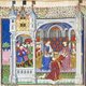 England / France: The Earl of Shrewsbury presenting a book to Queen Margaret of Anjou, seated in a palace beside King Henry VI. From the Talbot Shrewsbury Book, Rouen, c.1444